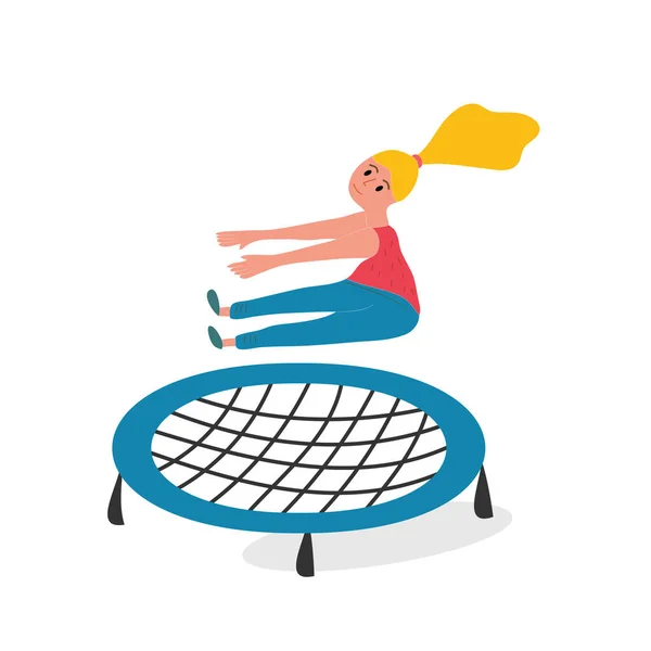 Šťastná holka skákající na trampolíně. Mladá žena se baví skákání a skákání, volný čas, trénink a aktivita — Stockový vektor