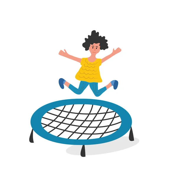 Šťastná holka skákající na trampolíně. Mladá žena se baví skákání a skákání, volný čas, trénink a aktivita — Stockový vektor