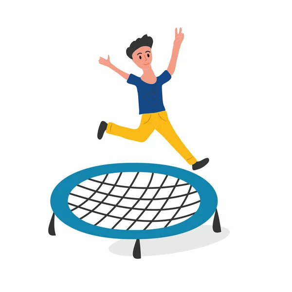 Happy boy jumping on trampoline. Young man having fun jump and bouncing, spare time, training and activity — Stock Vector