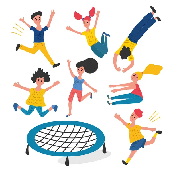 Des enfants qui sautent. Un groupe d'amis actifs sautant et rebondissant sur un trampoline. Les gens sautent illustration vectorielle. Garçons et filles joyeux — Image vectorielle