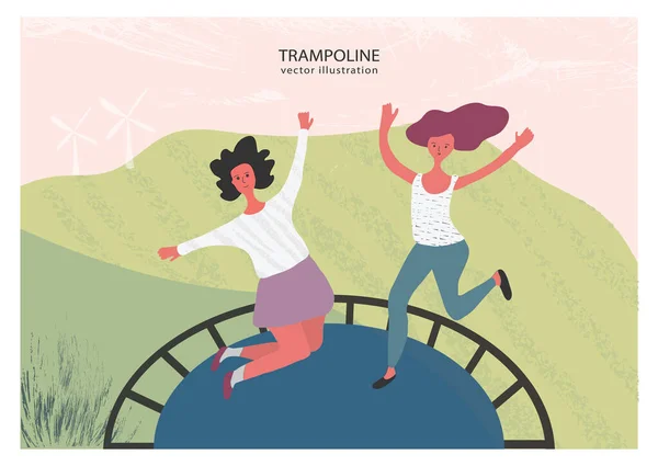 Trambolinde zıplıyor. Kızlar trambolinde zıplayarak eğleniyorlar. Açık hava aktivitesi