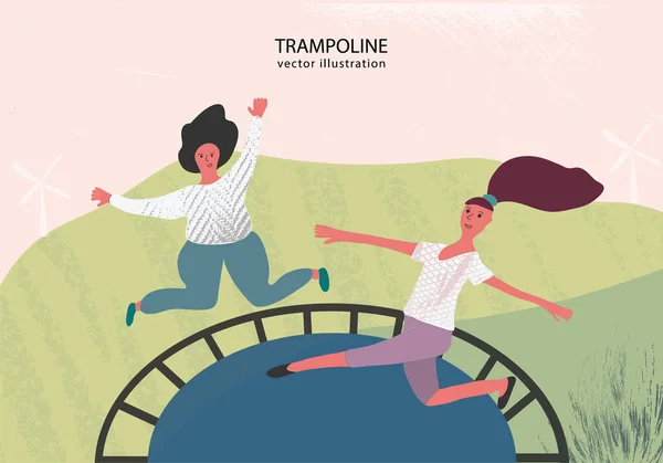 Adolescenti felici che saltano sul trampolino. Amici che fanno il tifo. Giovani che si divertono a saltare e rimbalzare, tempo libero, attività all'aperto — Vettoriale Stock