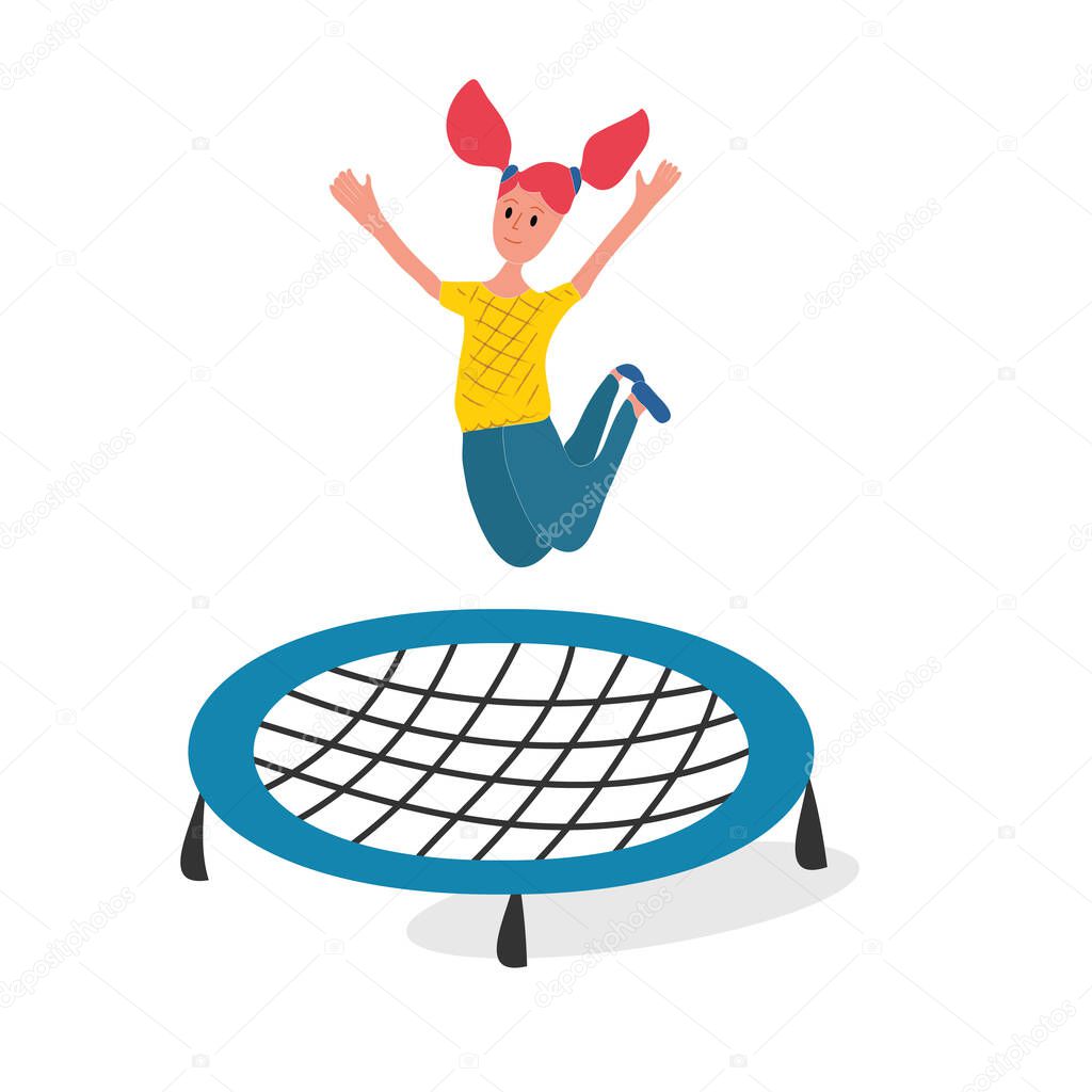 Cute girl enjoy jumping and bouncing on trampoline. Flat vector illustration