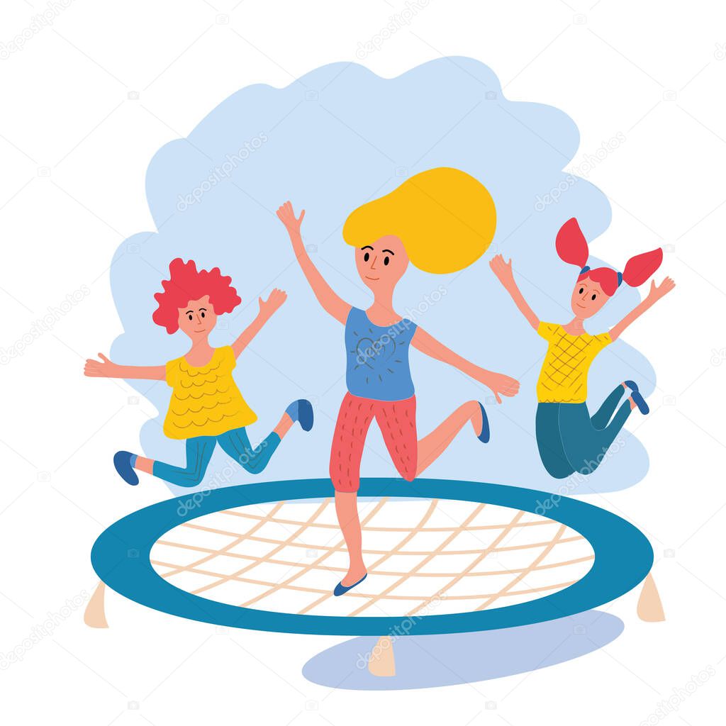 Mother and children jumping and flying on trampoline. Kids jump outside in the backyard