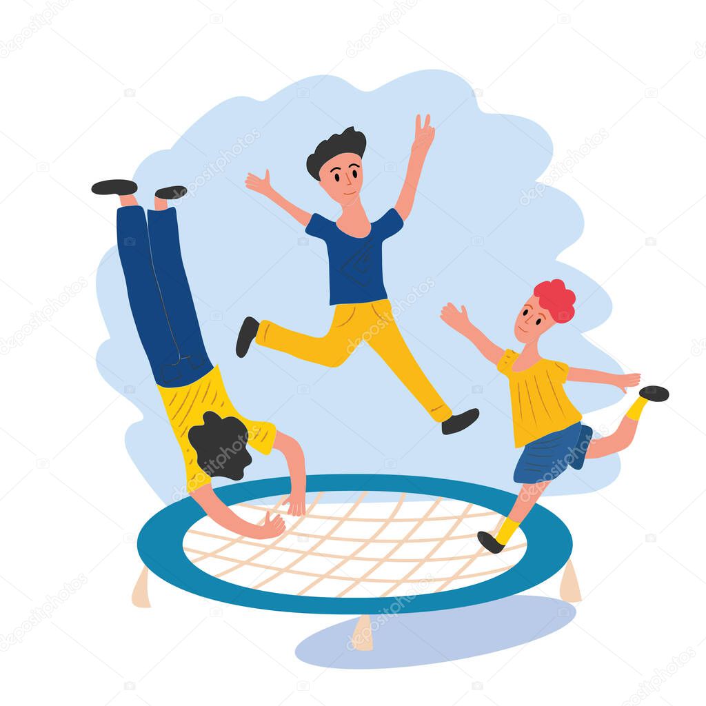 Three boys jump on a trampoline. Children actively spend their free time. Fitness, jumping, sports equipment
