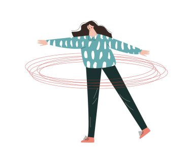 Woman with the concept of the problems, depression, anxiety and stress. Girl inside the circle. Social isolation and distancing. Metaphorical flat vector illustration