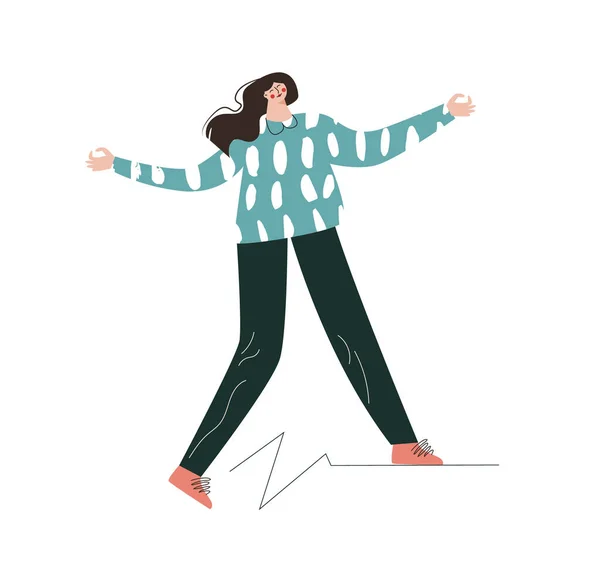 Mental disorder concept. Loneliness, instability, self-help, self-care. A woman walks on a shaky surface. Flat vector illustration isolated on white