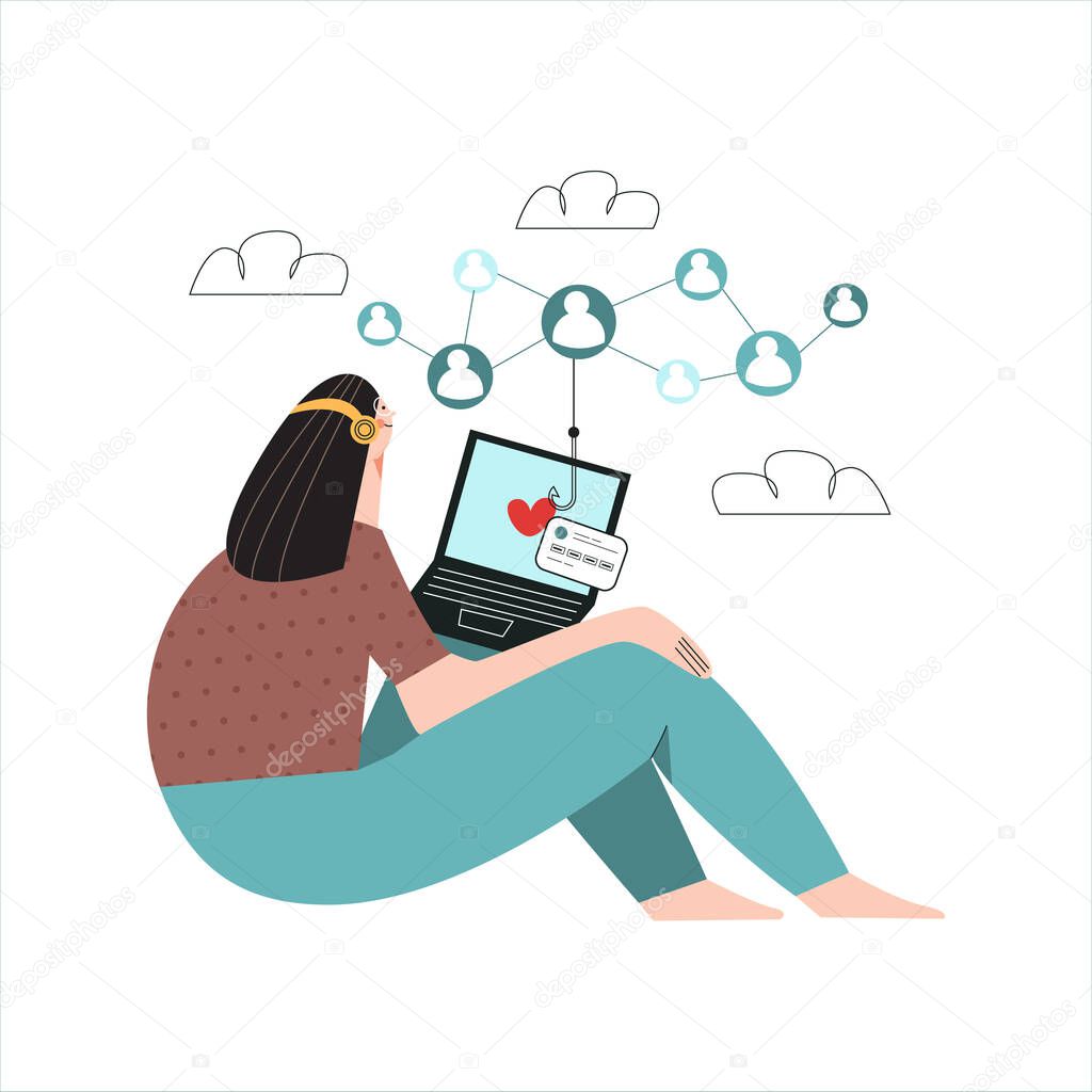 Victim of online dating scam concept. Young woman uses a dating site, social network. Internet theft, deception, trick, lies. Modern flat vector cartoon illustration