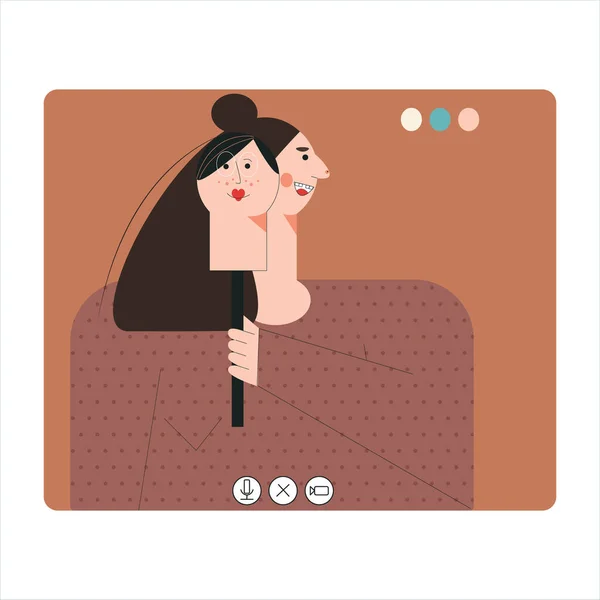 Online dating scam concept Woman with mask Love and internet technology, girl scammer, web fraud, cyber deception. Romance virtual date. Flat vector cartoon illustration — 스톡 벡터