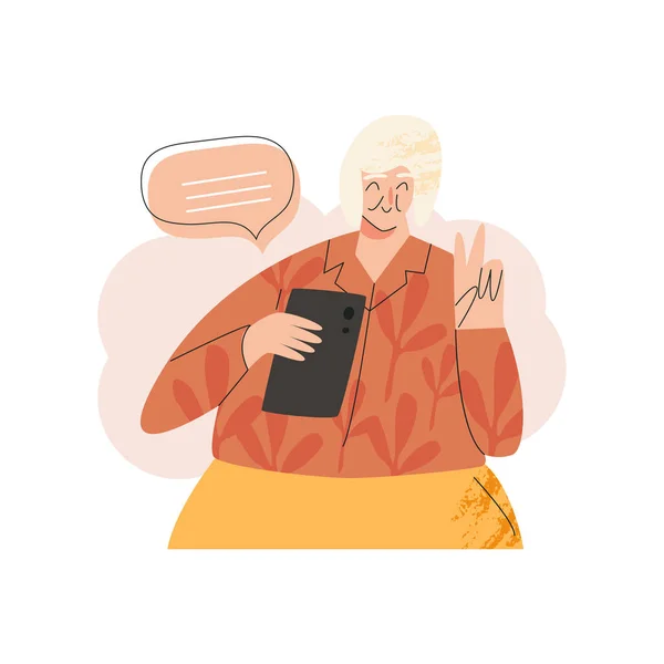 Alte, glückliche Seniorin mit Smartphone-Laptop. Surfer der silbernen Generation, Babyboomer kommunizieren in der virtuellen Klasse. Aktive Rentner, Selbstversorger — Stockvektor