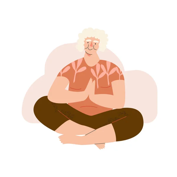 Una anciana haciendo yoga. Bienestar personaje principal. Personas mayores bienestar, vida lenta, desintoxicación digital, concepto de salud mental. Pensionista activo moderno vector plano ilustración — Archivo Imágenes Vectoriales