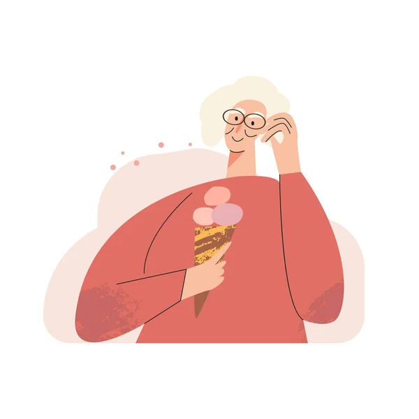 Glückliche ältere Erwachsene. Die betagte Frau genießt den Moment. Die weibliche Figur der Silbergeneration isst Eis. Aktive Rentner moderne flache Vektor-Illustration — Stockvektor
