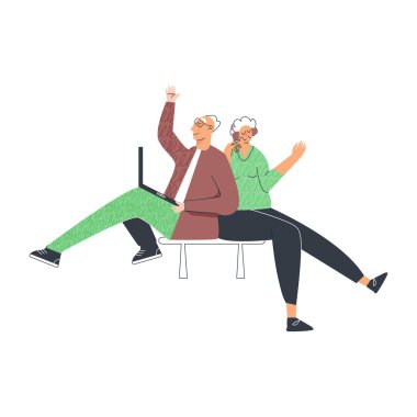 Yaşlılar yaşam tarzı, bilgisayar kullanan yaşlı bir çift, modern emekliler eğlencesi. Aletli yaşlı bayan ve baylar. Yaşlılar düz vektör karikatür çizimi