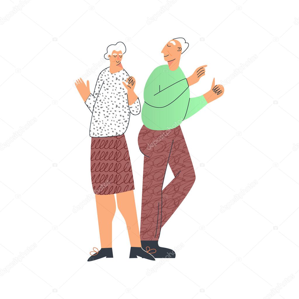 Senior people lifestyle, elderly couple dancing and having fun, modern pensioner leisure. Old lady and gentlemen. Senior citizen flat vector cartoon illustration