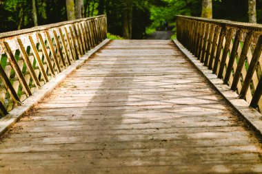 Güneşin doğduğu bahar sabahı ormanın üzerindeki ahşap köprü yolunun manzara fotoğrafı. Güzel güneşli ve sakin manzaralı eski ahşap köprü. Fotokopi alanı olan günışığı manzaralı fotoğraf