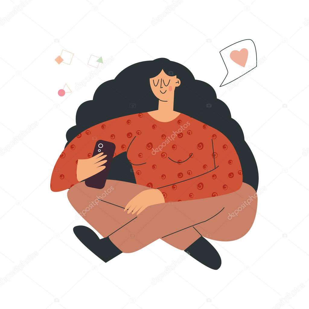 Young teen girl blogger with phone doing selphy and communication with followers. Creative female character is using modern technology. Flat vector cartoon illustration isolated on white background