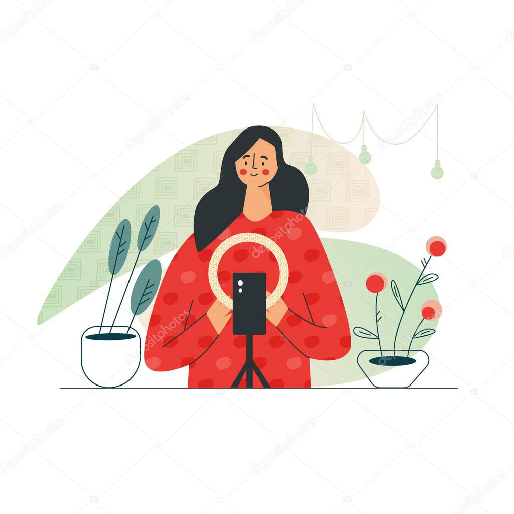 Female beauty blogger shooting video use smartphone Girl creating ecology green wellness content for vlog or blog. Woman social media influencer. Flat vector cartoon illustration isolated on white