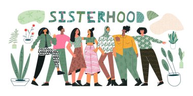 Genç kız ya da feministlerin bir arada durduğu kardeşlik konsepti. Birlik ve feminizm. Farklı etnik kökenden gelen farklı bir kadın karakteri. Düz vektör karikatür çizimi beyaza izole edildi