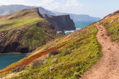 Portekiz 'in Madeira adasında boş arazi ve dağ yürüyüşü. Kilit altındayken sınır işaretleri, turist yok. Uçurumlar ve Atlantik Okyanusu manzarası. Manzaralı bahar arkaplanı ve turistik duvar kağıdı