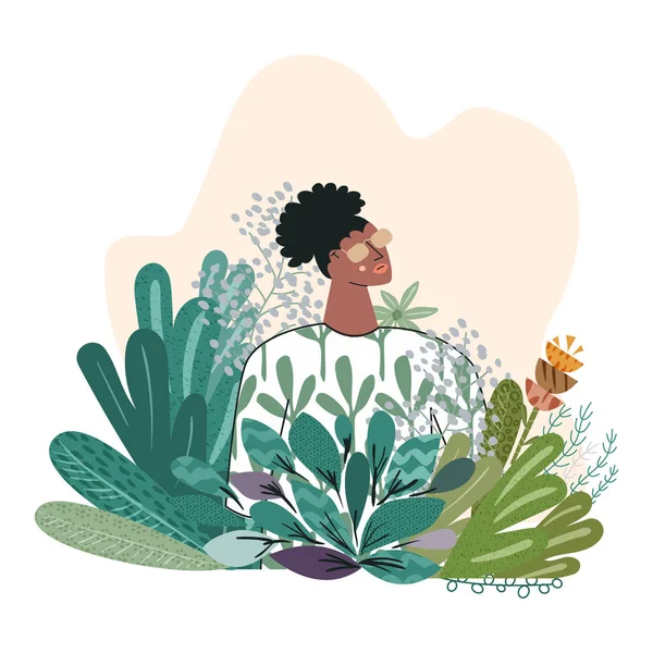 Krásný portrét mladé smyslné Afroameričanky s květy izolované na bílém pozadí. Hezká dívka v přírodě. Šablona pro letní jarní přání, plakát. Ploché vektorové kreslené ilustrace — Stockový vektor