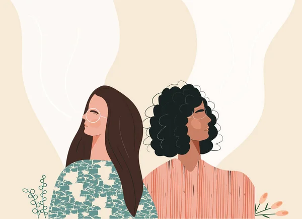 Respiración profunda de mujeres jóvenes boho diversas. Hermosa cara con los ojos cerrados practicando yoga respiración meditación siente calma. Ilustración moderna por belleza femenina y feminidad mental, feminismo — Vector de stock