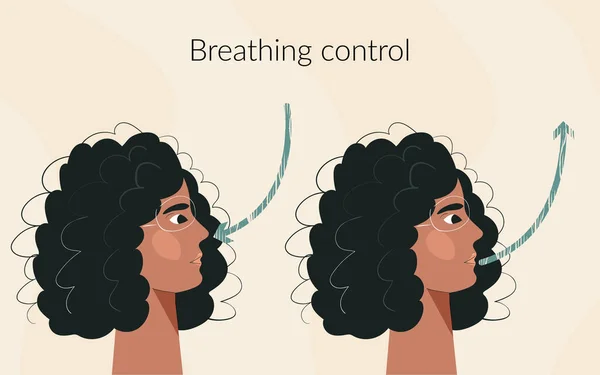 Дыхание упражнения для женского благополучия и спокойствия Глубокое дыхание концепции. Вдох и выдох, упражнения на знание дыхания. Современная девушка в карикатурном стиле ручной работы векторная иллюстрация — стоковый вектор