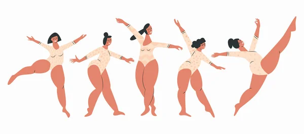 Cuerpo positivo Sonriendo y bailando más tamaño de las mujeres en traje de baño. Chicas gordas gimnastas y bailarinas. Atractivo personaje femenino de dibujos animados con sobrepeso. Ilustración vectorial plana aislada sobre fondo — Vector de stock