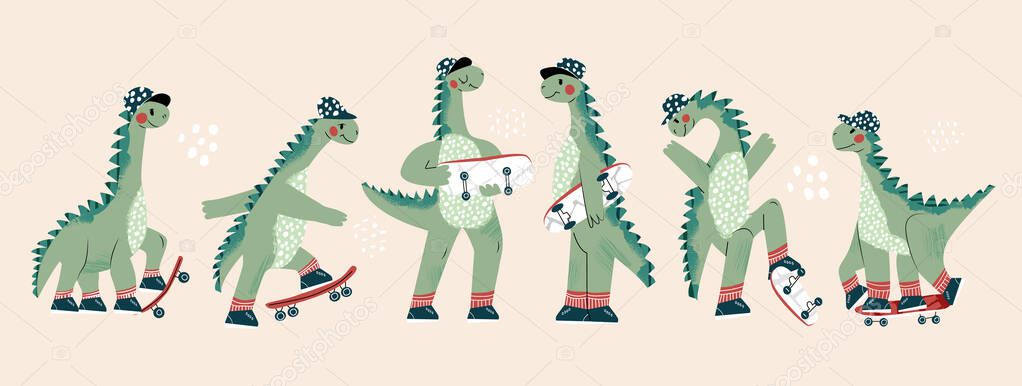Set of cool skateboard dinosaur Collection of active skating dino boy. Clipart of summer sport of cute animals. Hand drawing cool dinosaur cartoon vector illustration for child isolated on background Royalty Free Stock Illustrations