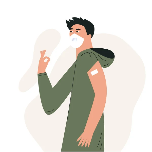 Jonge casual man na vaccinatie concept Vaccin injectie in arm, schouder. Mannelijk karakter na vaccinatie. Aziatische man met gezichtsmasker met ok gebaar. Vlakke vector illustratie geïsoleerd op wit — Stockvector