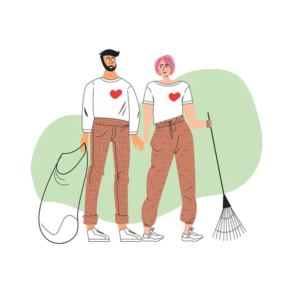 자원 봉사하는 친구 커플 과 자원 봉사 컨셉입니다. 쓰레기를 모으는 사람들이나 생태 학자들을 혼란시킨다. 이타적 인 활동, 환경 보호. 평평 한 윤곽 벡터 일러스트는 흰색으로 분리 된다 — 스톡 벡터