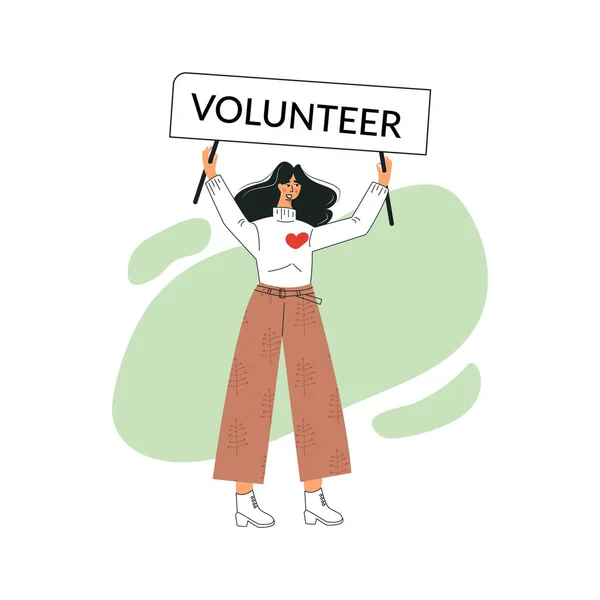 Voluntariado verde y concepto de voluntariado. Joven activista altruista. Entusiasta personaje femenino milenario. Piensa que verde salva al planeta. Ilustración vectorial de contorno plano aislado en blanco — Archivo Imágenes Vectoriales