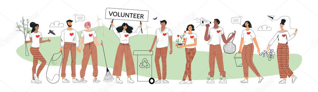 Eco volunteers and volunteering concept. Set of diverse characters save ecology environment. Group zero waste activists, think green, save the planet. Modern flat outline cartoon vector illustration