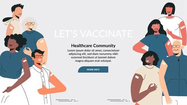 Pessoas diversas após o conceito de injeção de vacina. Banner Lets Vaccinate, campanha de saúde. Modelo de landing page de vacinação. Equipa multicultural, unidade na diversidade. ilustração desenho animado vetorial plano —  Vetores de Stock