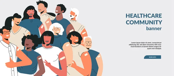 Pessoas diversas após o conceito de injeção de vacina. Banner Lets Vaccinate, campanha de saúde. Modelo de landing page de vacinação. Equipa multicultural, unidade na diversidade. ilustração desenho animado vetorial plano —  Vetores de Stock