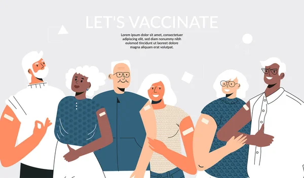 Senioren na vaccinatie concept Vaccinatie van ouderen. Groep van diverse volwassen stel staan samen. Grootouders krijgen vaccin voor immuniteit gezondheid. Platte vector illustratie voor banner — Stockvector