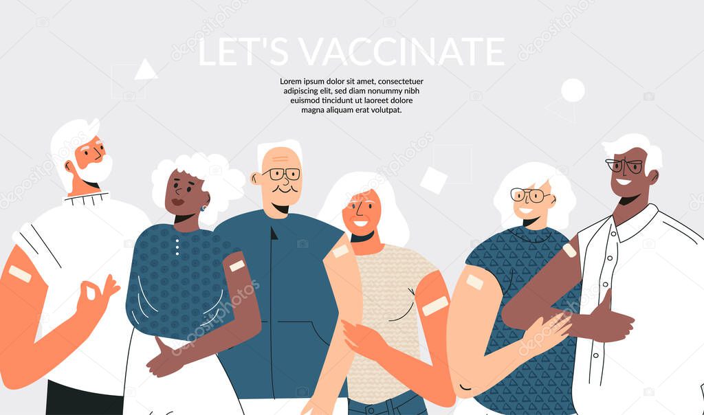 Senior people after vaccinate concept Vaccination of the elderly. Group of diverse mature couple stand together. Grandparents getting vaccine for immunity health. Flat vector illustration for banner