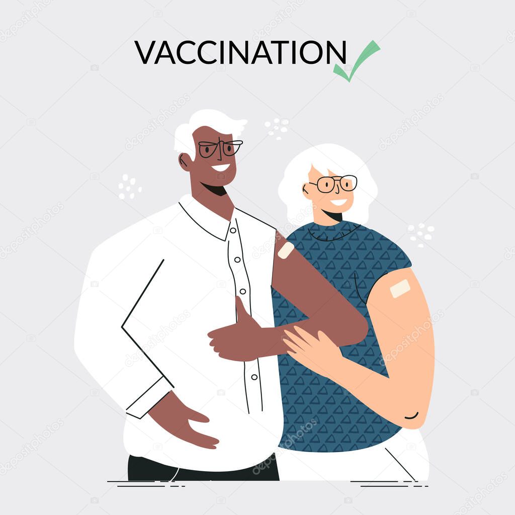 Senior elderly couple after vaccine injection. Time to vaccinate Vaccination concept. Social health care companies poster. Grandparents with bandage on the shoulder. Flat vector cartoon illustration