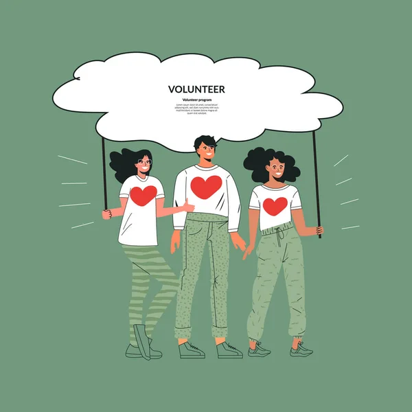 Conceito de comunidade de voluntariado Organização da caridade Grupo de voluntários. Trabalho em equipe, rede e unidade de pessoas diversas. Jovens homens e mulheres verdes em pé juntos. ilustração desenho animado vetorial plano — Vetor de Stock