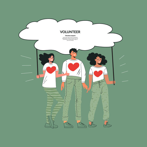 Volunteering community concept Charity organization Volunteer group. Teamwork, network and unity of diverse people. Young green mind men and women standing together. Flat vector cartoon illustration