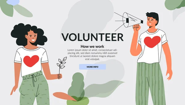 Volunteering community concept. Care for environment, green mind, ecology lover. Active diverse people doing social charity activities. Flat vector cartoon illustration. Template fot website — стоковый вектор