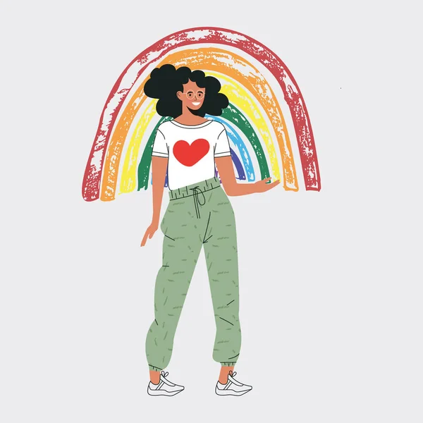 Young volunteer character with rainbow. Give and share your love to people. Rainbow symbol of hope and compassion. Care for environment, green mind, ecology lover. Flat vector cartoon illustration — стоковый вектор