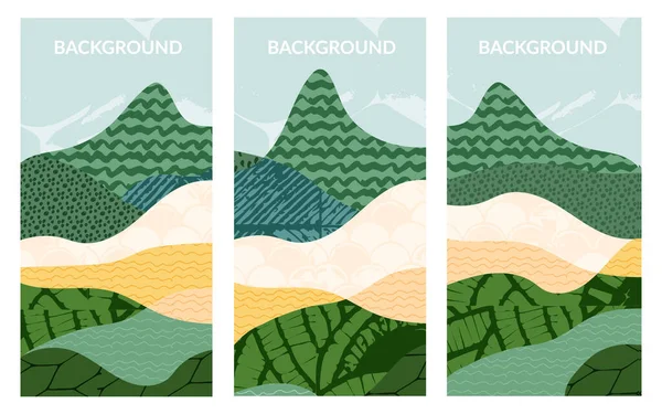 Set van abstracte landschap vector achtergrond illustratie. Platteland met kleurrijke textuur. Bundel decoratieve eco-kaarten. Natuur, ecologie, bio, milieubanners, ansichtkaart, affiche ontwerp — Stockvector