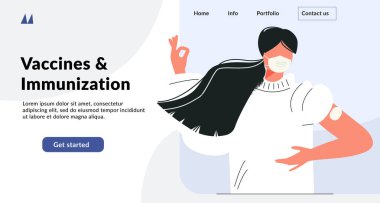 Web şablonu için aşı ve aşı konsepti. Aşı üstüne aşı olan Asyalı kadın. Gençlik sağlık hizmetleri, aşı kampanyası, koronavirüs önleme. Düz vektör çizimi, eczane düzeni