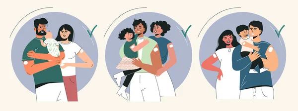Aşı ve aile aşılama konsepti. Enjeksiyondan sonra çocuklu ve çocuklu bir grup genç aile. Sağlık sigortası. Çocuk ve bebeklerin aşılanması, sağlık hizmetleri, enfeksiyonlara karşı koruma