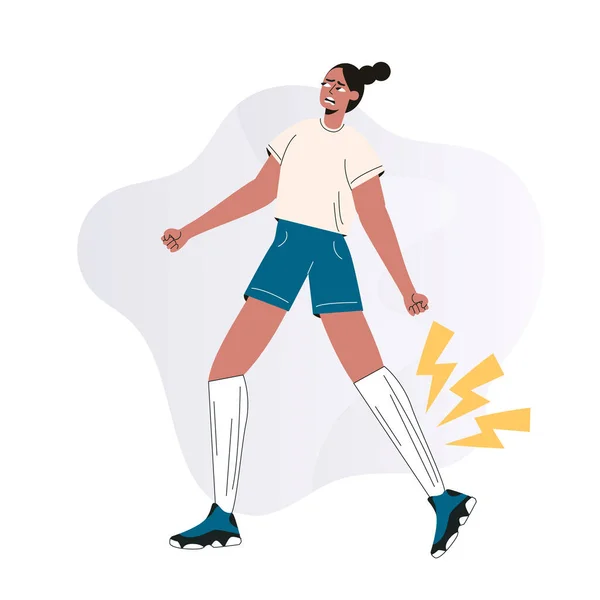 Leg ache pain or Sport trauma concept. Athletic woman feels hurt in leg. Female athlete with joint or muscle soreness and problem feeling ache. Running injury accident. Flat vector illustration — Stock Vector