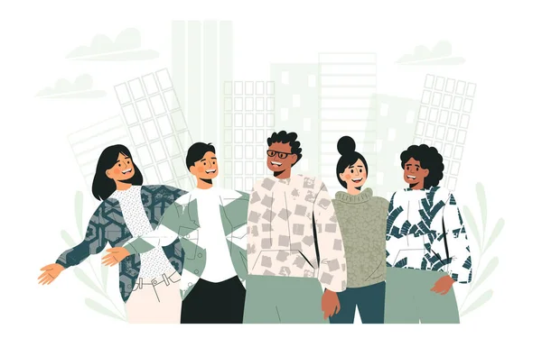 Feliz banner web do dia da amizade. Jovens caminhando em verde eco cidade, paisagem urbana ecológica. Unidade na diversidade. Diverso grupo de amigos abraçando juntos. ilustração desenho animado vetorial plano —  Vetores de Stock