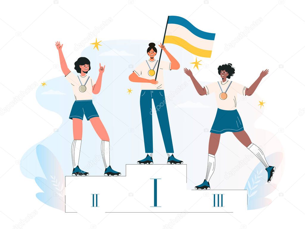Competition winner, champion or leader, triumph. Ceremony of awarding medals. Three female athletes on the pedestal. Diverse women stand on podium first, second, third place. Flat vector illustration