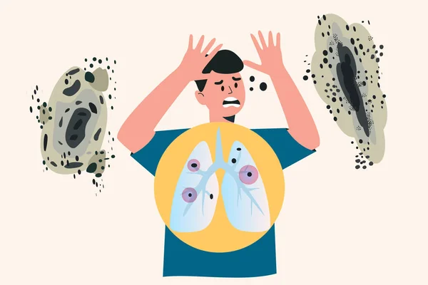 Pulmones humanos con hongos Aspergilloma Colonias de moho negro, manchas de moho negro alergénico, colonias de hongos oscuros aislados, moho de la pared, mostaza, putrefacción. Ilustración vectorial plana aislada en blanco — Vector de stock