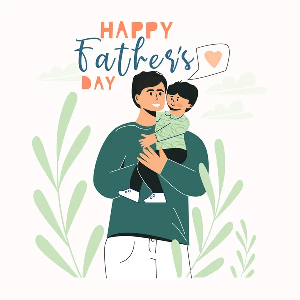 Happy Fathers Day greeting card template with cute characters of daddy with child. Dad holding his son. Cute vector illustration for a holidays poster. Fatherhood, family concept