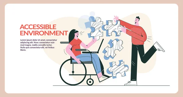 Tekerlekli sandalyedeki engelli öğrenci erişilebilir çevre konsepti düz vektör çizimi. Fiziksel engelli bir kız ve arkadaşı. Özel eğitim, işbirlikçi takım çalışması. Web pankartı şablonu — Stok Vektör